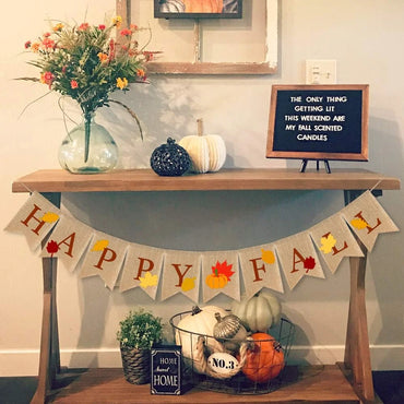 Happy Fall Burlap Banner with Pumpkin Fallen Leaves Thanksgiving Day Autumn Party Banner Decorations Home Wall Decoration Supply