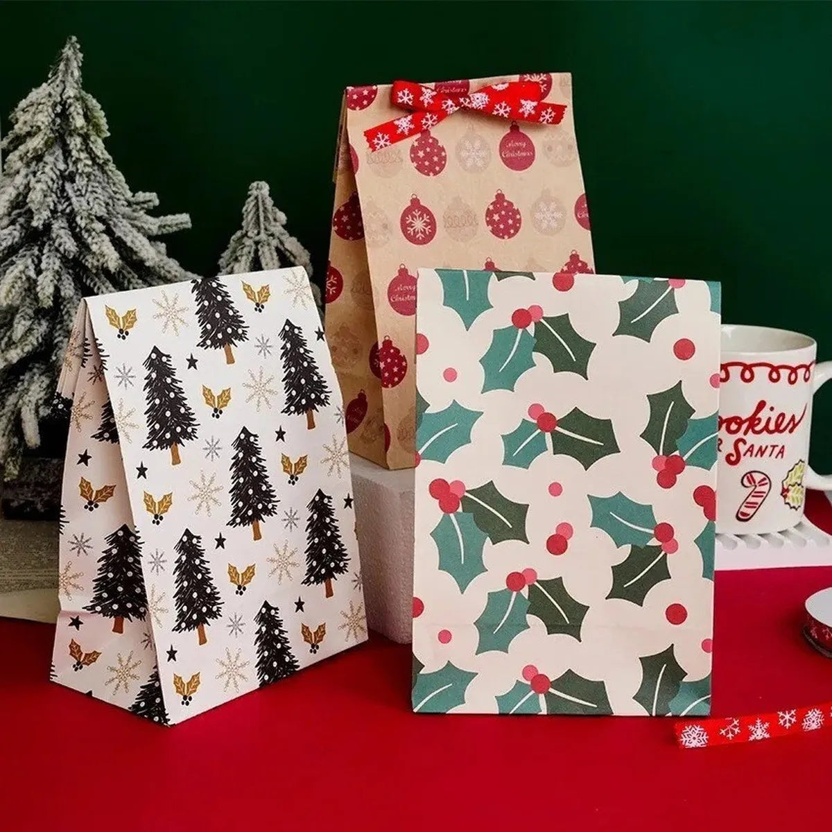 12/24pcs Christmas Kraft Paper Bags Multiple Designs