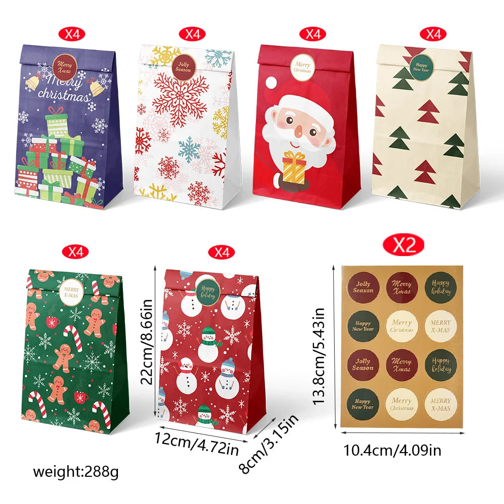 12/24pcs Christmas Kraft Paper Bags Multiple Designs