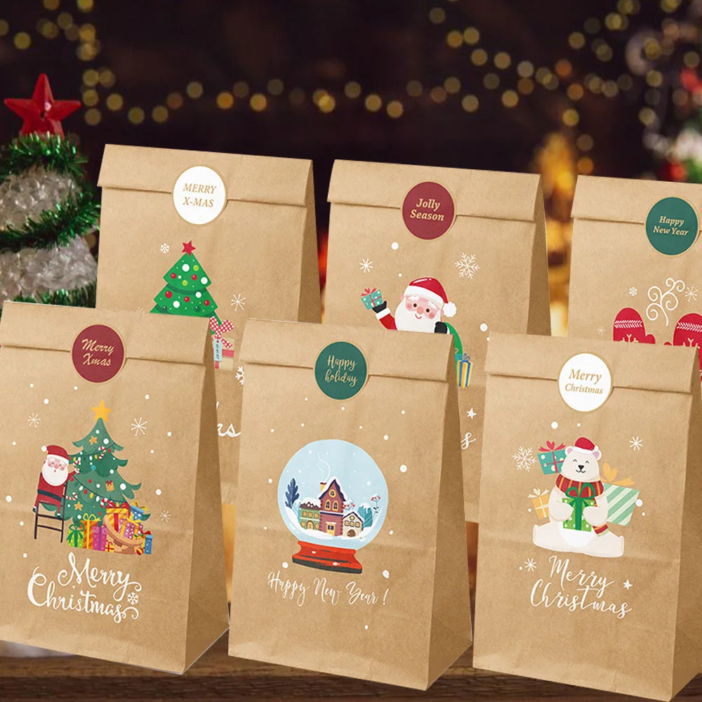 12/24pcs Christmas Kraft Paper Bags Multiple Designs