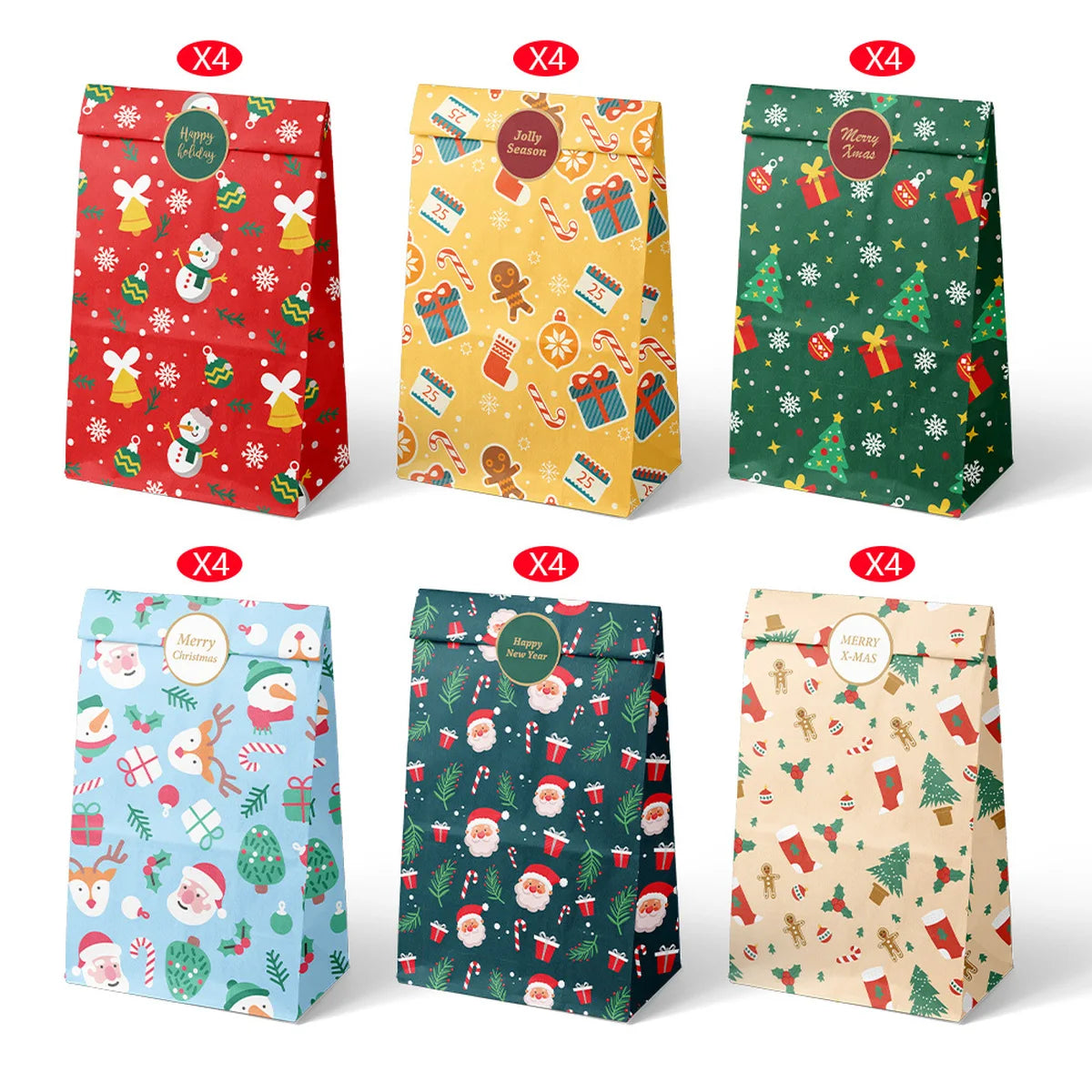 12/24pcs Christmas Kraft Paper Bags Multiple Designs