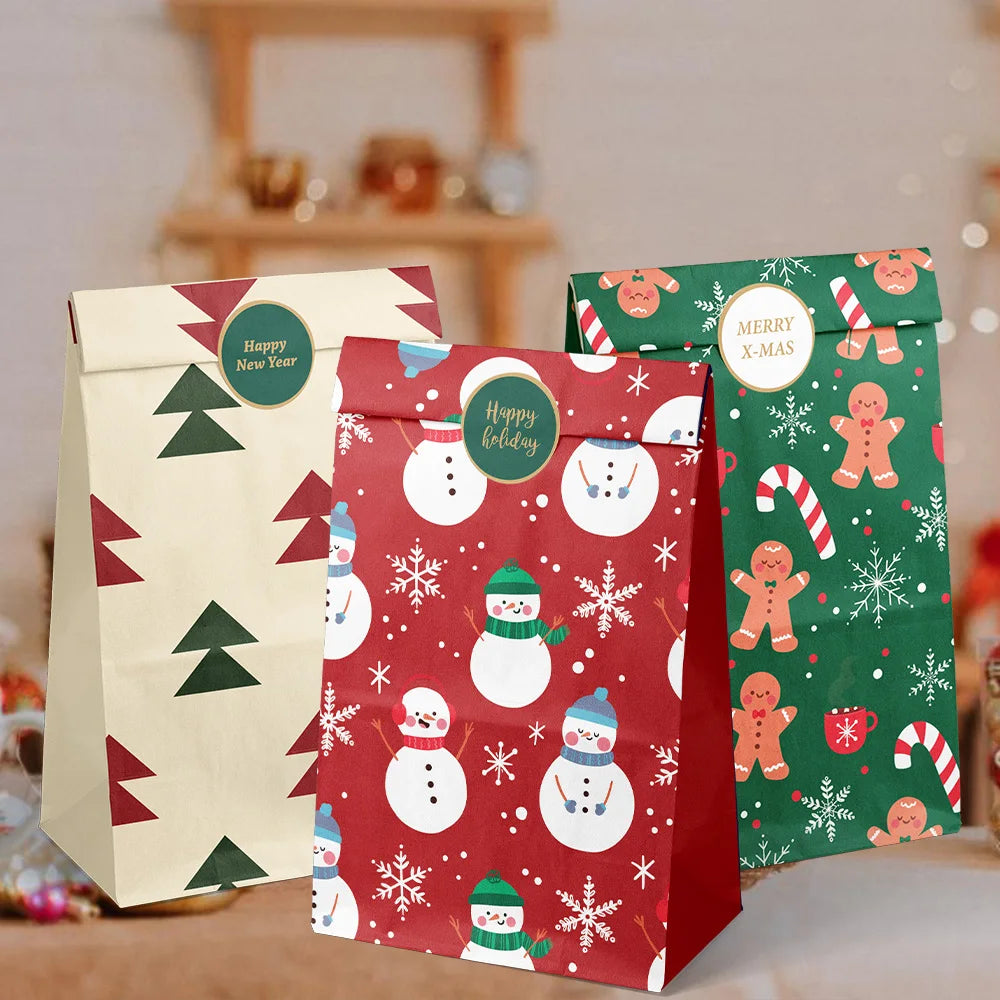 12/24pcs Christmas Kraft Paper Bags Multiple Designs