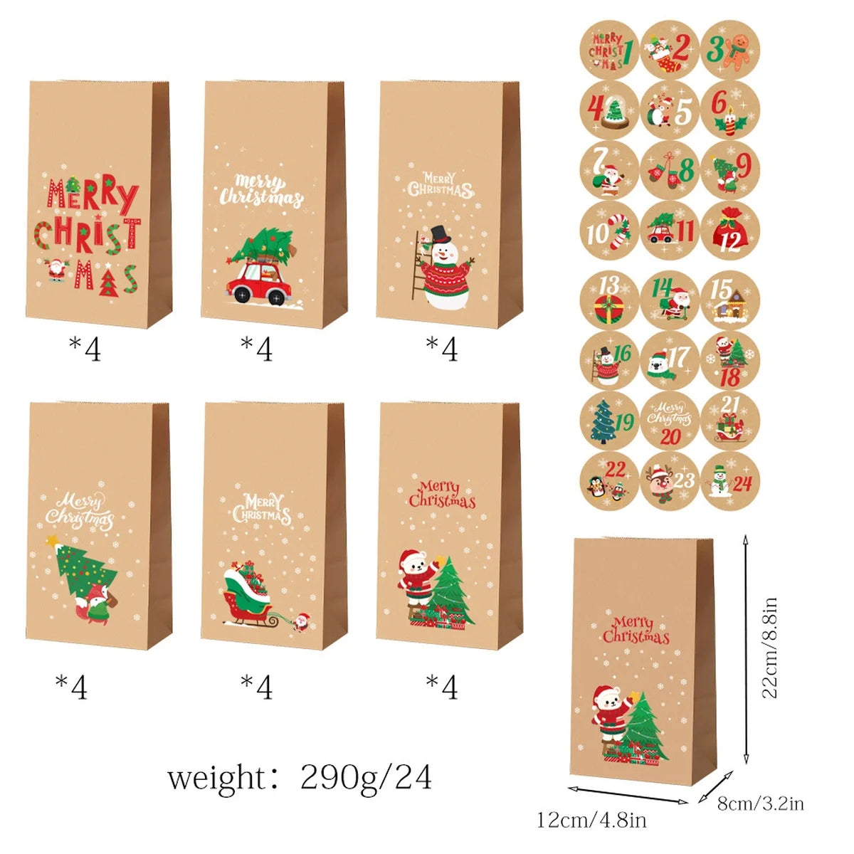 12/24pcs Christmas Kraft Paper Bags Multiple Designs