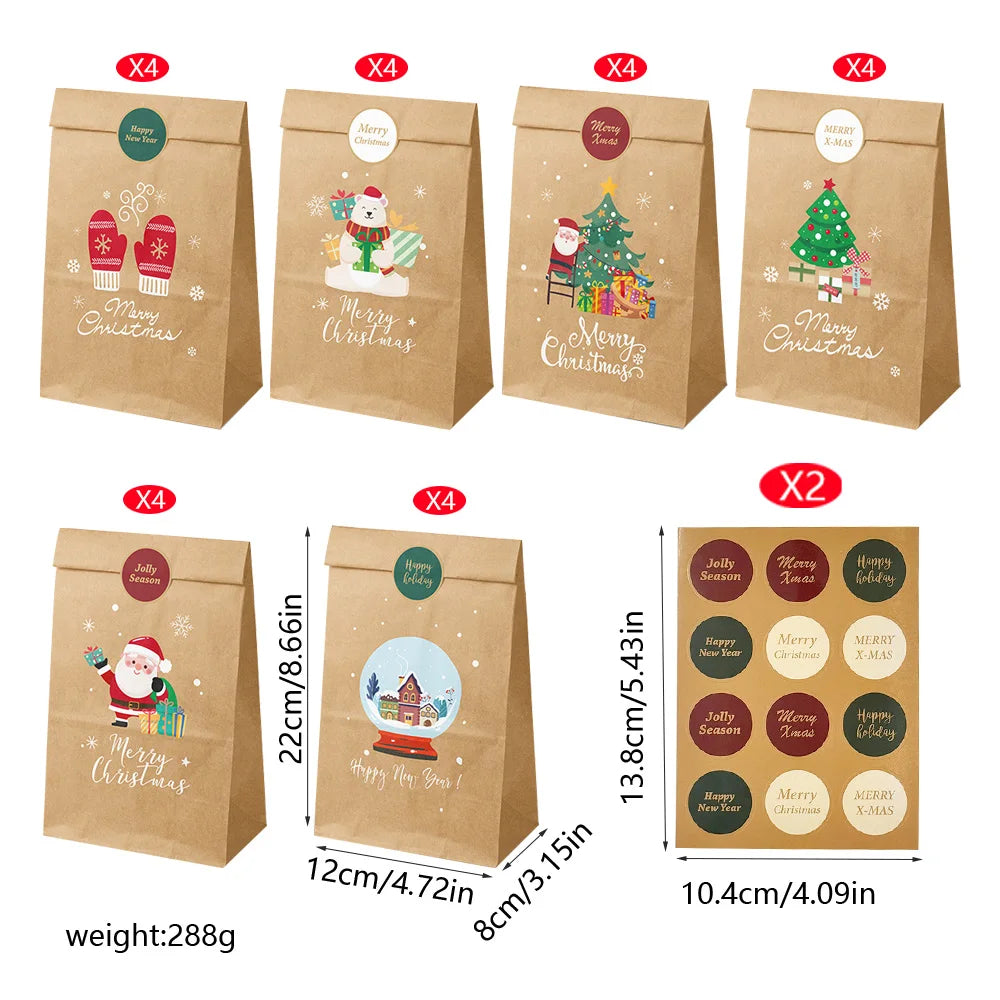 12/24pcs Christmas Kraft Paper Bags Multiple Designs