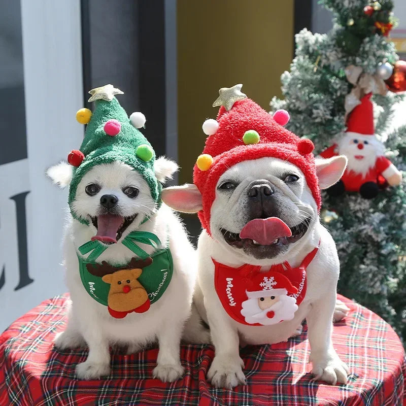 Cute Christmas-themed Pet Costumes - Saliva towel and Hats for Dogs and Cats