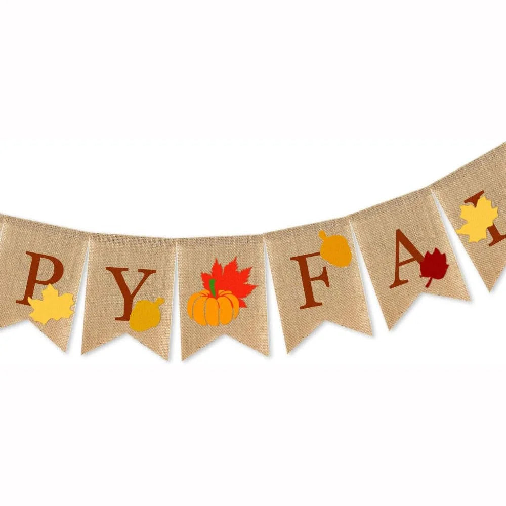Happy Fall Burlap Banner with Pumpkin Fallen Leaves Thanksgiving Day Autumn Party Banner Decorations Home Wall Decoration Supply