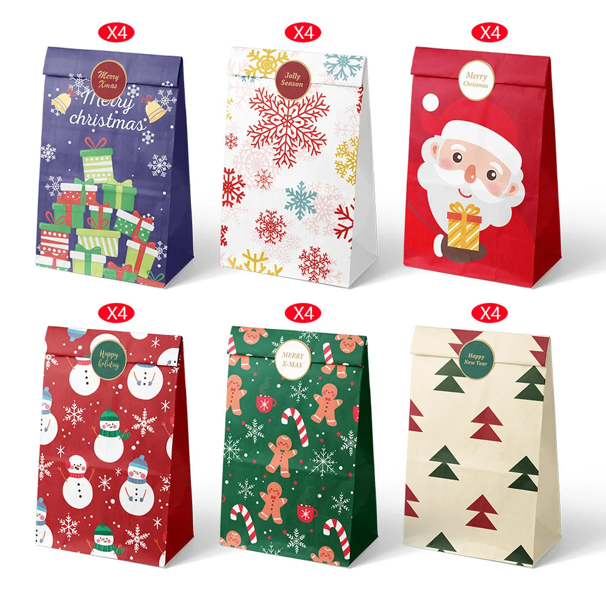 12/24pcs Christmas Kraft Paper Bags Multiple Designs