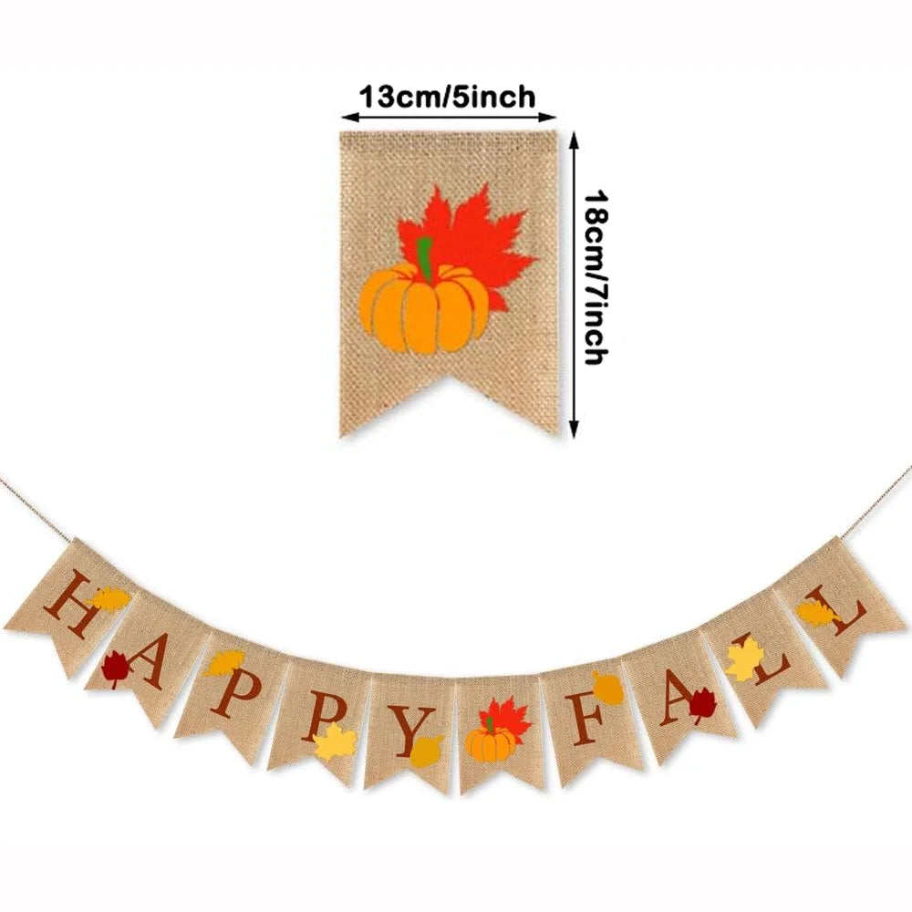 Happy Fall Burlap Banner with Pumpkin Fallen Leaves Thanksgiving Day Autumn Party Banner Decorations Home Wall Decoration Supply